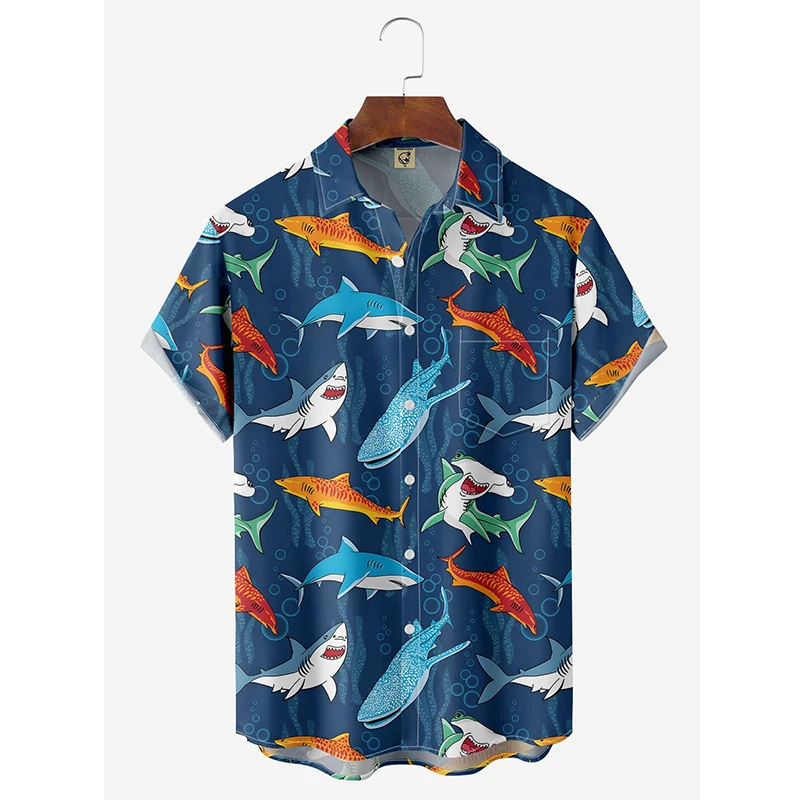 

New Hawaii Shirt For Men Kawaiian Shark Print Short Sleeve Cuban Blouse Beach Summer Holiday Shirts Streetwear Daily y2k Tops