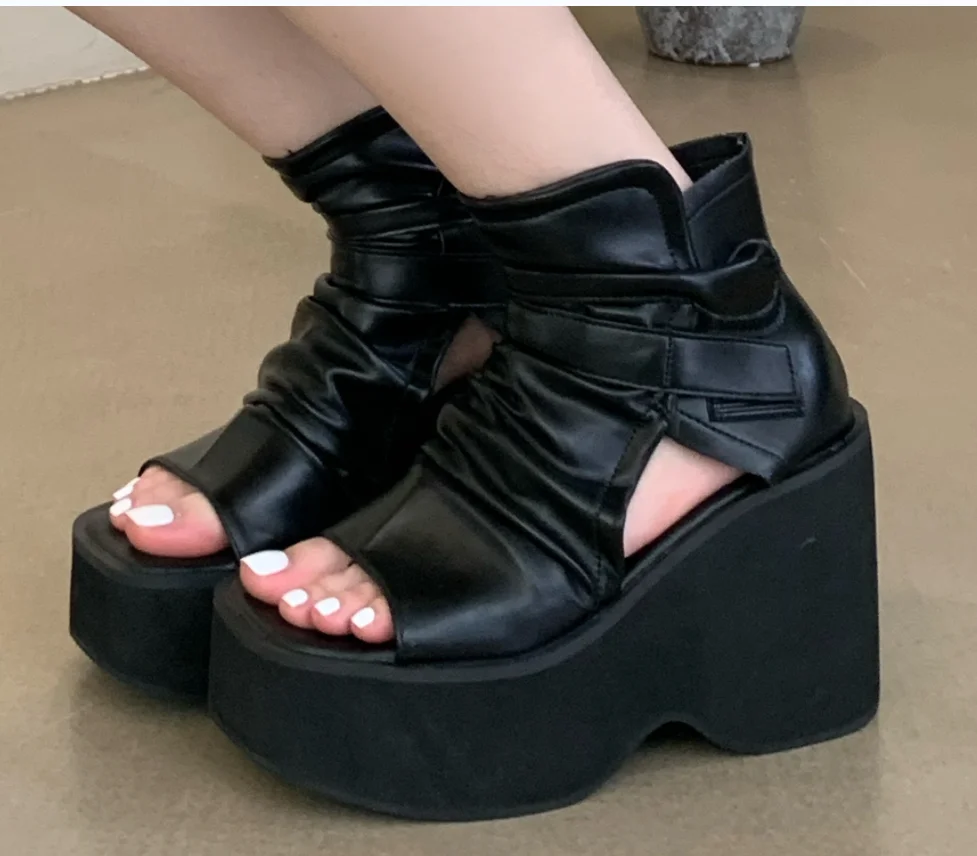 

AIYKAZYSDL Cut Out Peep Toe Ankle Boots Women Platform Wedge Heel Gladiator Sandals Summer High Top Booties Thick Bottom Shoes