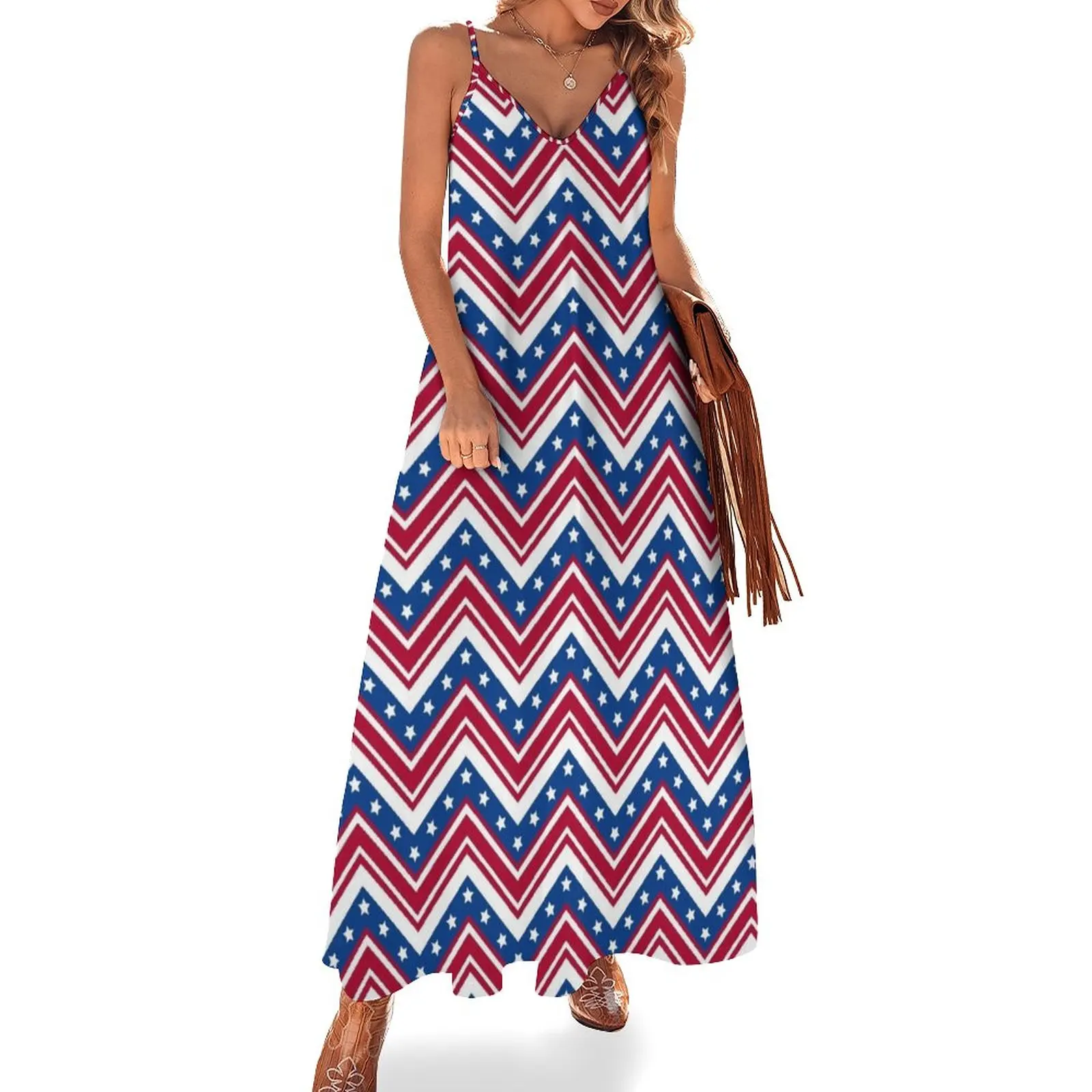 

Red White and Blue Zigzag Stripes with Stars Sleeveless Dress loose women's dress dress for women summer