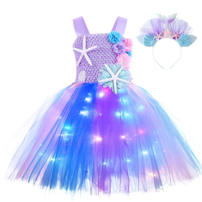 

Girls Mermaid Tutu Dress Under the Sea Theme LED Light Up Birthday Party Carnival Costumes Children's Cosplay Dresses + Headband