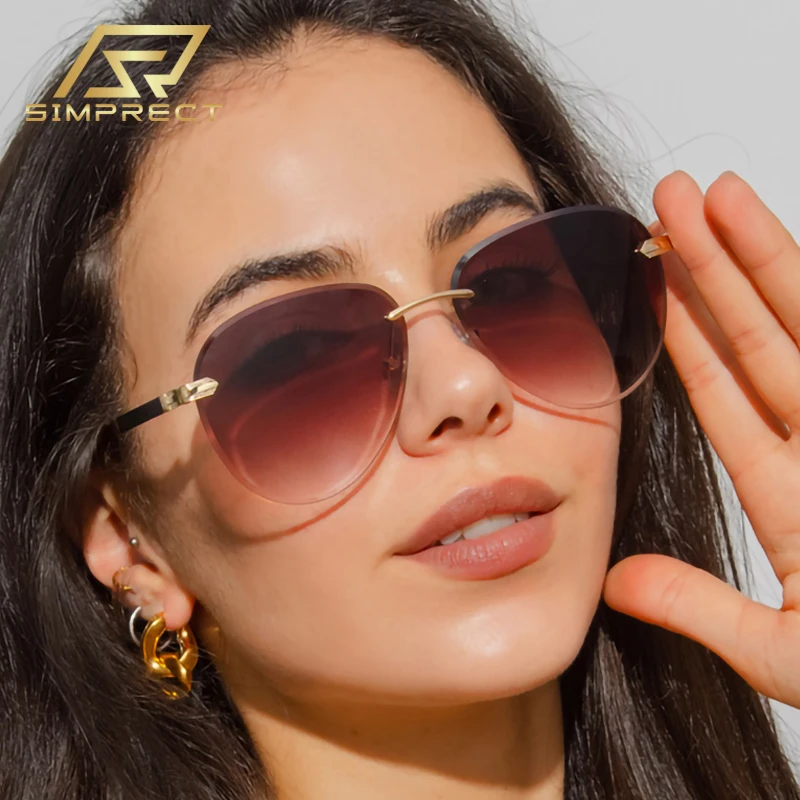 

SIMPRECT Rimless Pilot Sunglasses Women 2023 Luxury Brand Designer Quality Sun Glasses Fashion Vintage Retro Shades For Women