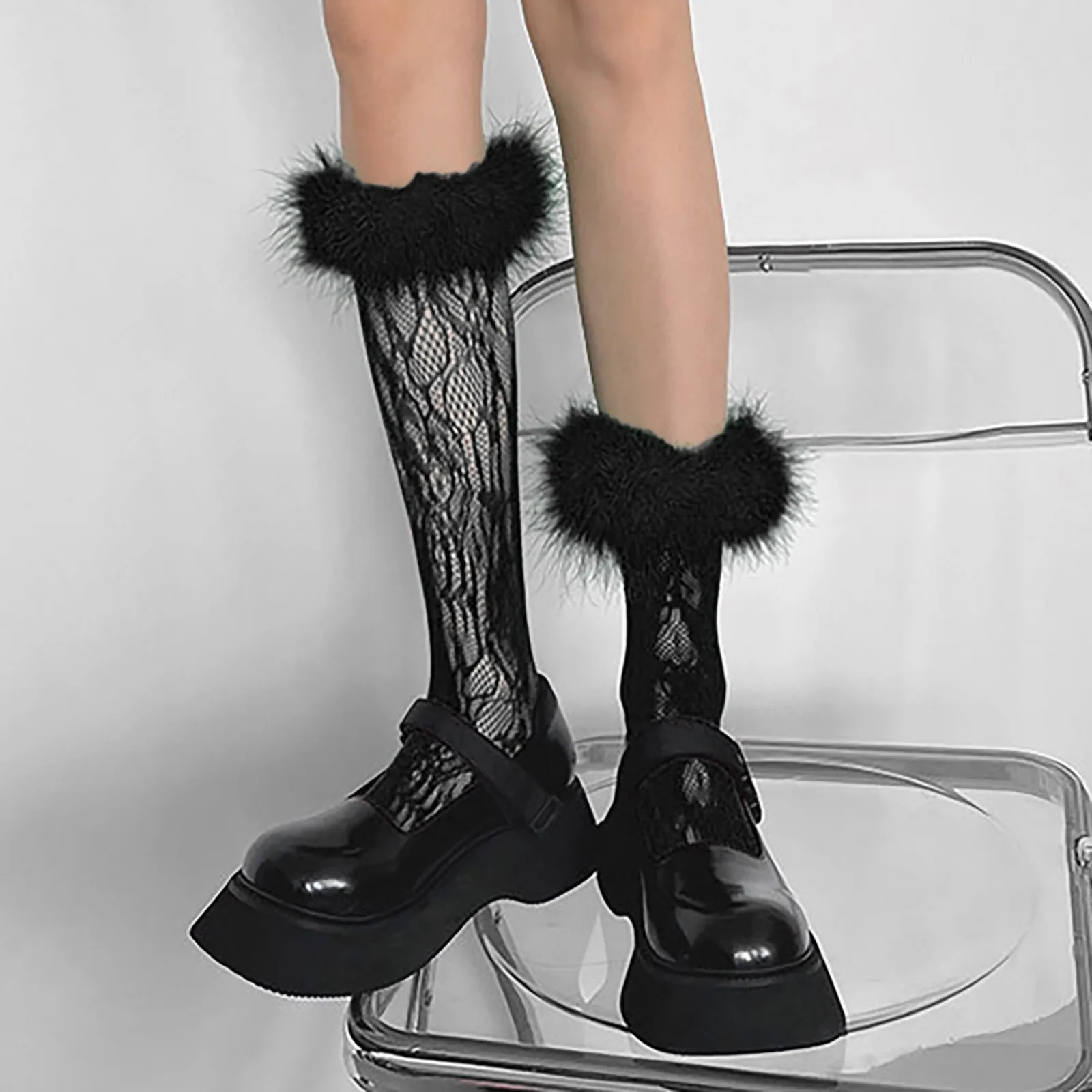 

Женские Модные пушистые носки с перьями, кружевная отделка из искусственного меха, средней длины, Разноцветные носки Y2k, Харадзюку, готические прозрачные Чулочные изделия в стиле "Лолита"