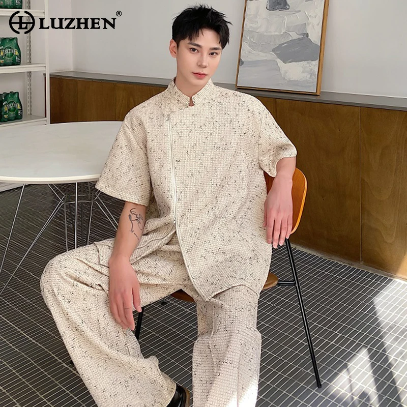 

LUZHEN Fashion Summer Korean Stand Neck Zipper Short Sleeved Shirts Straight Pants Elegant 2024 New Trendy Two-piece Sets LZ3216