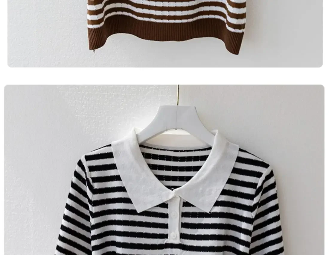 Fashion Women Short Sleeve Striped Knitted Polo Shirts Spring Summer All-match Tees Female Clothing New Pullover Bottoming Tops 36 S71d2be739ec04e3290212bdd195705ada