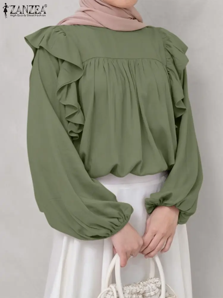 

ZANZEA Fashion Ruffles Muslim Blouse Woman Puff Sleeve O-Neck Tunic Tops Autumn Casual Flounce Chemise Elegant Party Blusas