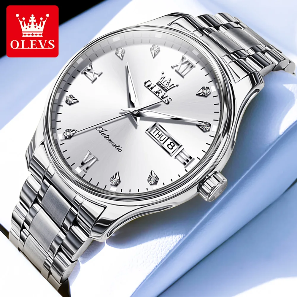 

OLEVS 9955 Dual Calendar Luxury Mechanical Watch For Men Roman Scale Waterproof Man Watches Stainless Steel Diamond Dress Watch