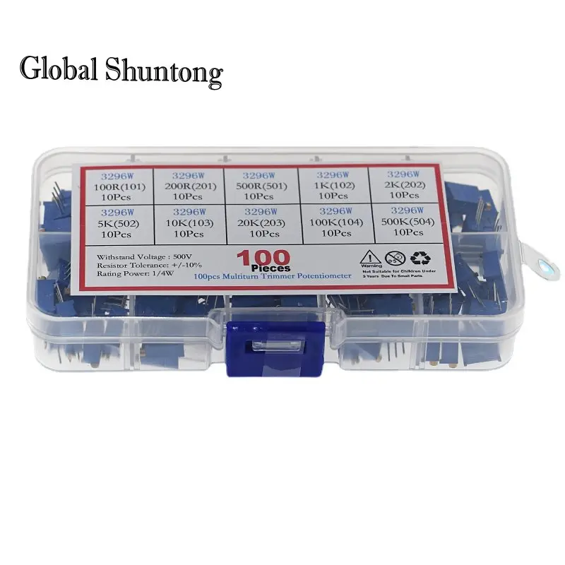 100Pieces of 10 Kinds of Top Adjustable Multi Turn Precision Adjustable Potentiometer 3296W Precision Adjustable Resistance Suit
100Pieces of 10 Kinds of Top Adjustable Multi Turn Precision Adjustable Potentiometer 3296W Precision Adjustable Resistance Suit