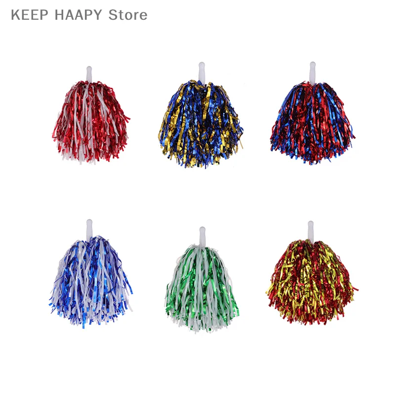 

1PC 25cm Plastic Double Hole Handle Cheerleader Pom Poms Metallic Streamer Club Sport Supplies Dance Party Club Decorator