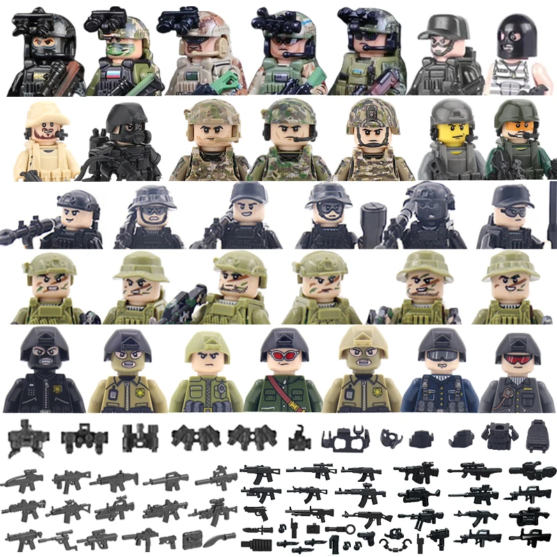 

MOC Military Special Forces Building Blocks Figures Brick Police Bandits Soldiers Army Gun Weapons Camouflage Car Kids Toys T009