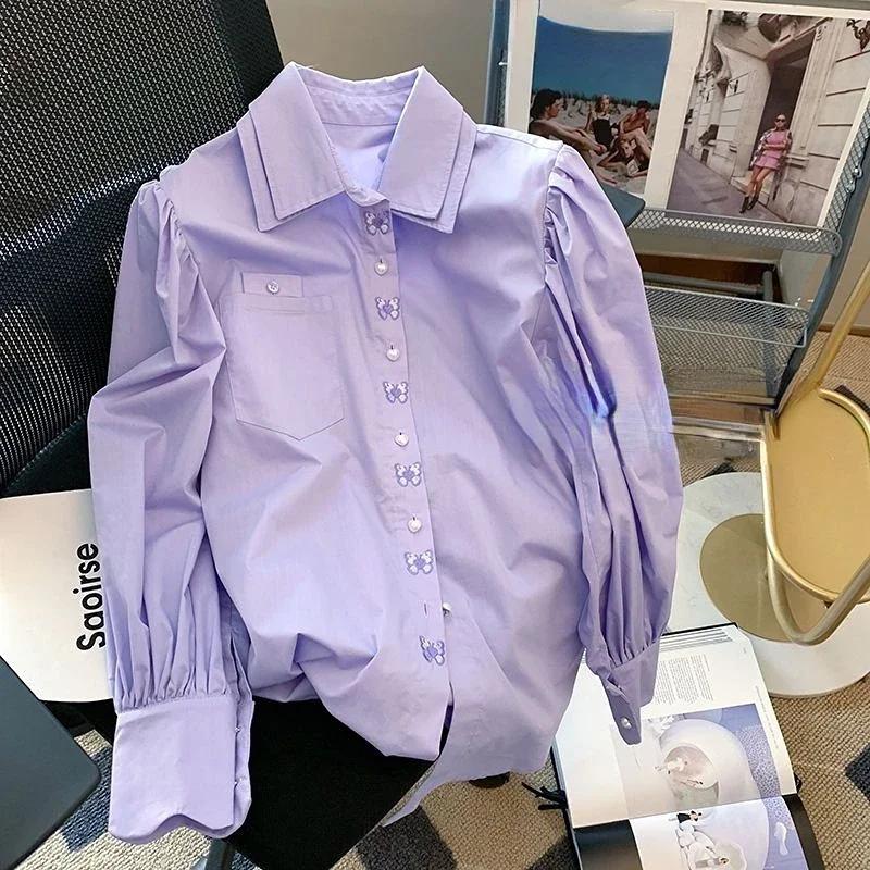 

DAYIFUN-Purple Double-Layer Collar Shirts Women High Grade Slim Blouses Chic Sweet Gentle Casual Blusas New Korean Summer 2024