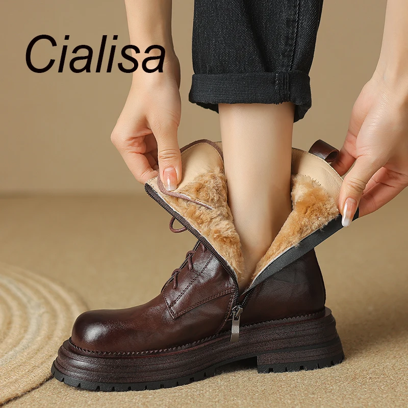 

Женские ботильоны на меху Cialisa, коричневые теплые винтажные короткие ботинки из натуральной кожи, на молнии, с круглым носком, на среднем каблуке, на зиму, 40