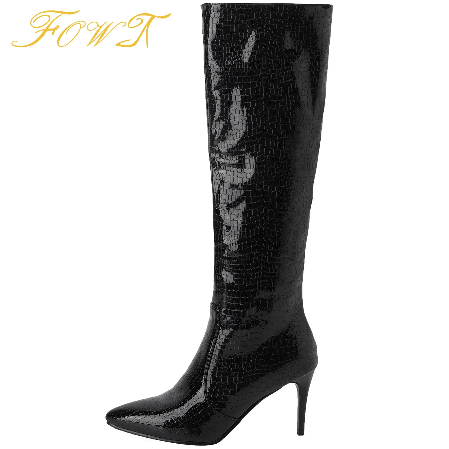 Black Patent Leather Heels Point-Toe Knee Boots No Zipper Shoes Women'S Winter Large Size 45 46
Black Patent Leather Heels Point-Toe Knee Boots No Zipper Shoes Women'S Winter Large Size 45 46
