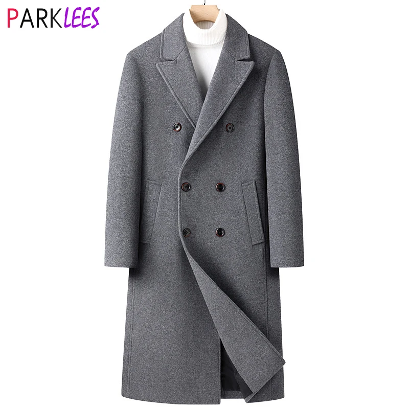 

Gray Extra Long Double Breasted Wool Trench Coat Men 2023 Winter Brand Mens Cashmere Coat Slim Fit Wool&Blends Coat Windbreaker