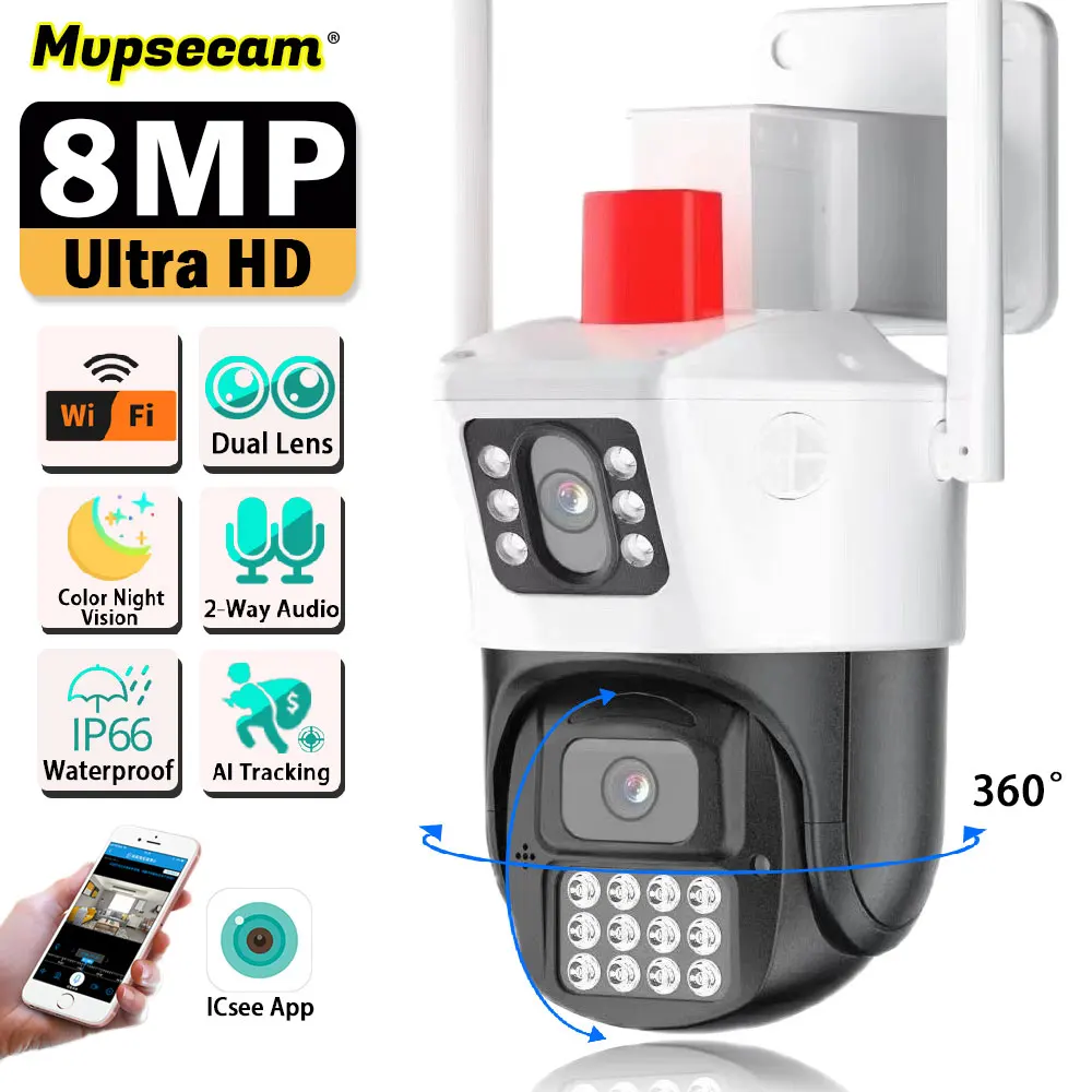 

8MP 4K Wifi Camera Dual Lens Security Protection Waterproof Security CCTV Video Surveillance Camera Police Light Alarm IP Camera