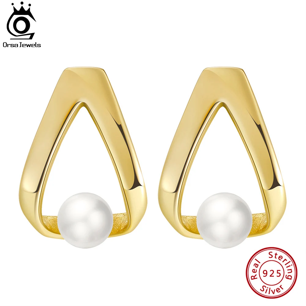 

ORSA JEWELS 925 Sterling Silver 14K Gold Vintage Triangle Earrings with Cultured Freshwater Pearl for Women Party Jewelry GPE35