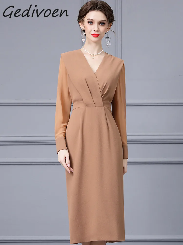 

Осеннее модное Дизайнерское черное винтажное женское платье Gedivoen с V-образным вырезом и длинным рукавом, с перекрестной завышенной талией, ТРАПЕЦИЕВИДНОЕ облегающее длинное платье