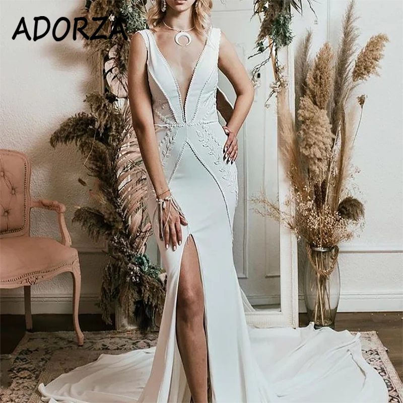 

ADORZA Wedding Dress Lace Appliques Bridal Gown Detachable Long Sleeves Mermaid Backless Court Train Vestido De Noiva for Bride