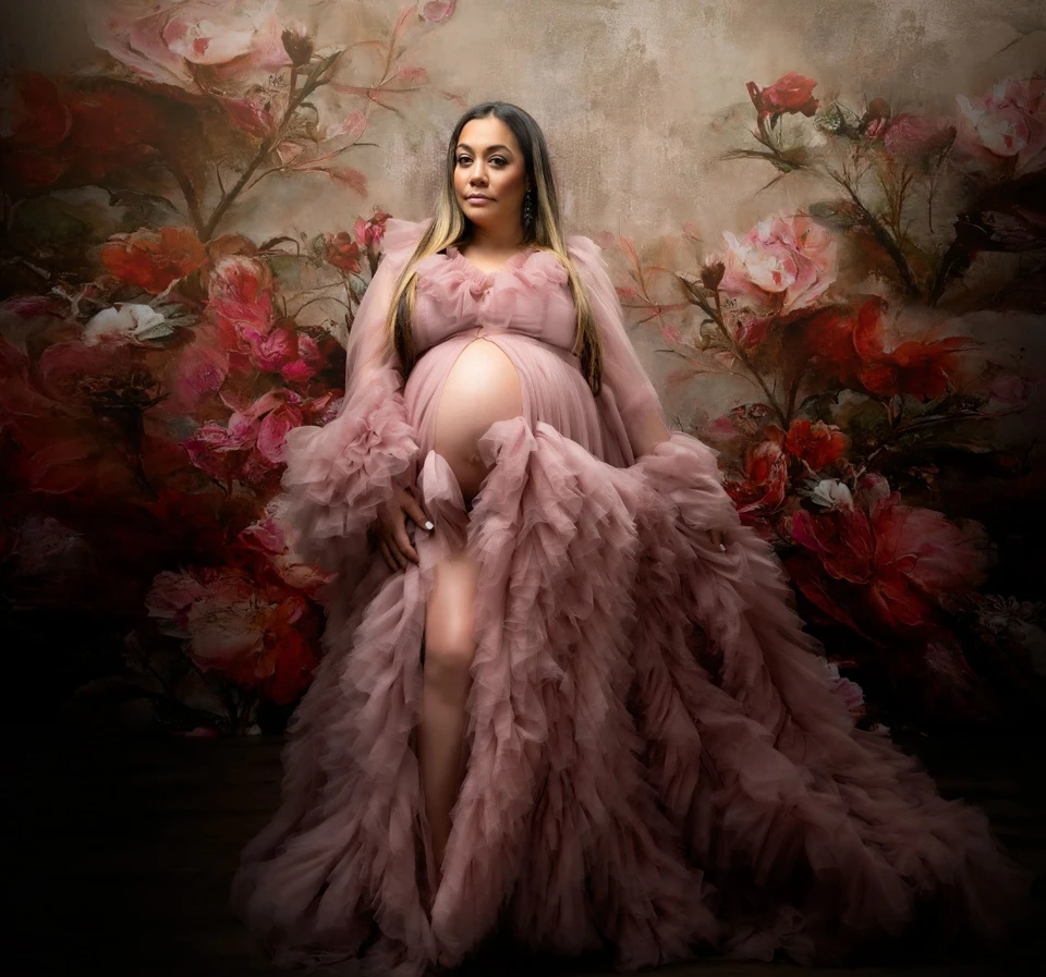 

Розовое Тюлевое платье для беременных с V-образным вырезом, длинные пушистые тюлевые рукава, халаты для будущей мамы, нижнее белье с разрезом спереди, Халат