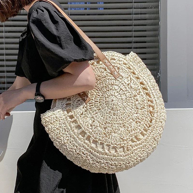 Round Woven Straw Beach Bag - Travel Tote 9 S71eb08c6a29842ca9b848086cc6c62f0V