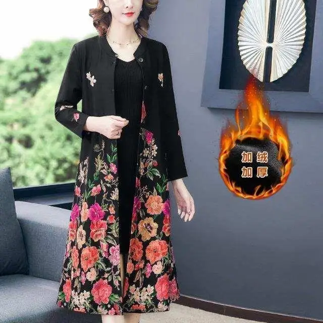 

retro printing long coat female literary cotton buttons Long sleeve cardigan national wind of new fund of 2019 spring dress