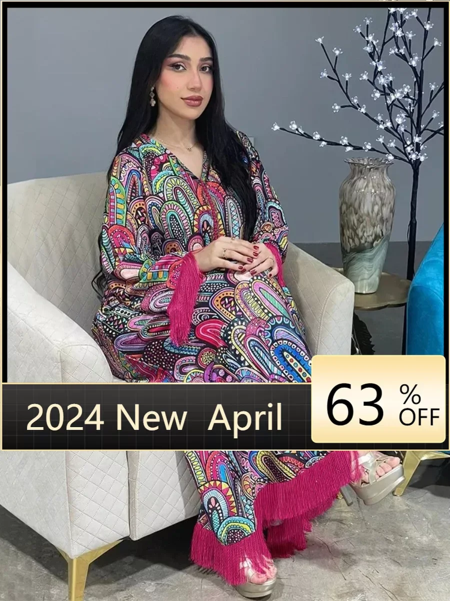 

SuperAen Muslim New Fashion Print Dress Hand-buttoned V Neck Long Sleeve Tassel Side Maxi Dress for Women