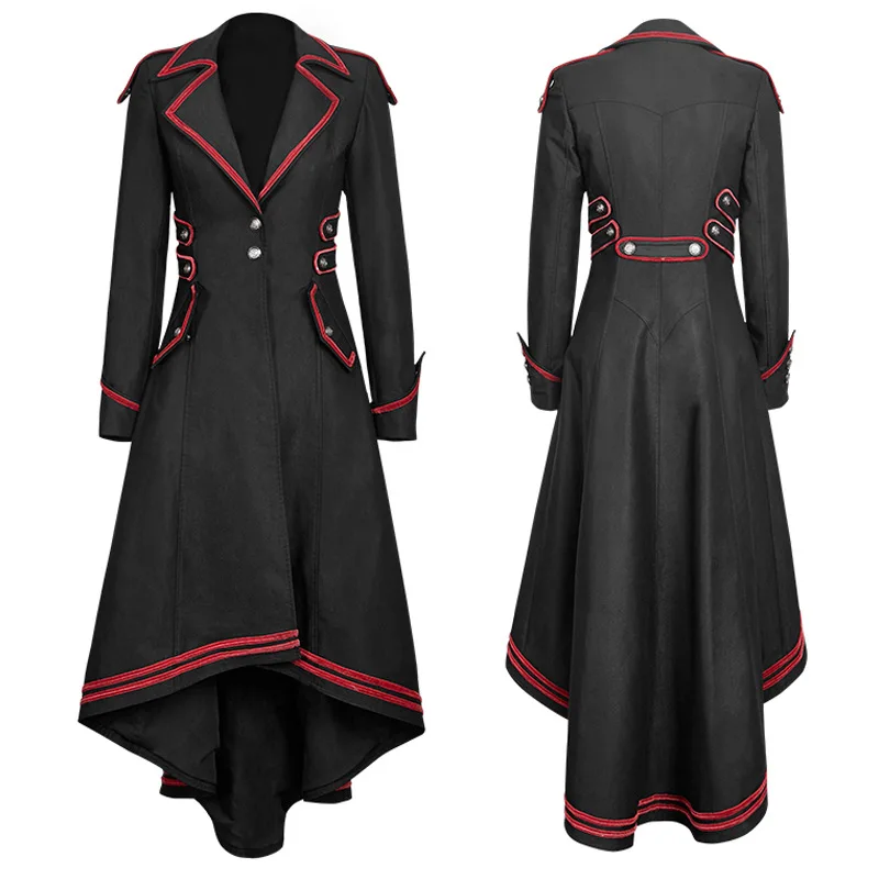 

Plus Size Vampire Medieval Gothic Vintage Women's Coat Swallowtail Dress V-neck Black with Red Piping Top