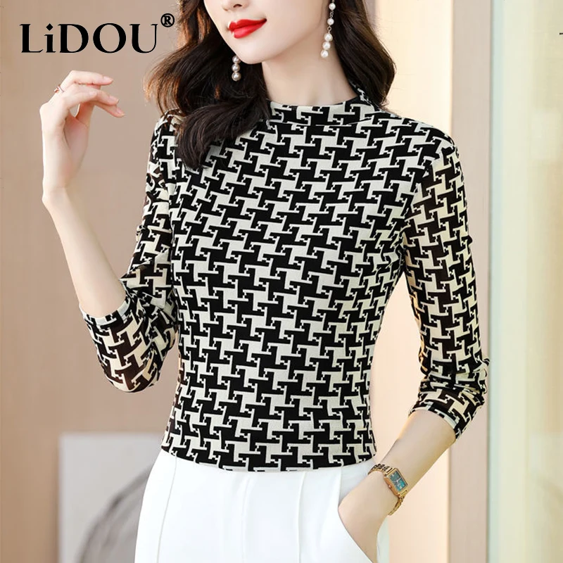 Autumn Winter Half High Collar Houndstooth Print Two-sided Velvet T-shirt Female Warm All-match Bottoming Pullover Top Women Tee
Autumn Winter Half High Collar Houndstooth Print Two-sided Velvet T-shirt Female Warm All-match Bottoming Pullover Top Women Tee