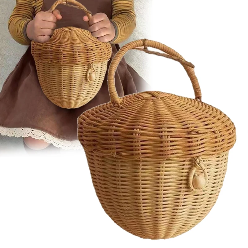 

New Woven Rattan Storage Basket Eco-friendly Creative Modeling Natural Handwoven Round Rattan Bag Kids Photography Props