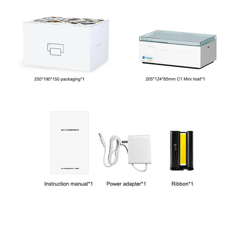 

SUNSHINE C1 Mini Mobile Phone Color Film DIY Printer Host, Host*1/Power Adapter*1/Ribbon*1/Instruction Manual*1/Packaging*1