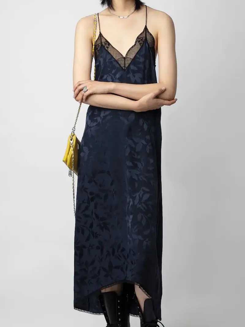 

Suspended Dress Women's Spring/Summer 2023 New High Quality Silk Jacquard Deep Blue Lace V-Neck Long Sleepwear Dress