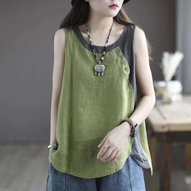 Woman Cotton Linen Vest Tank Top Blouse Summer Sleeveless Loose Literary Retro Spliced Suspender Vest Button Decorate T-shirt
Woman Cotton Linen Vest Tank Top Blouse Summer Sleeveless Loose Literary Retro Spliced Suspender Vest Button Decorate T-shirt