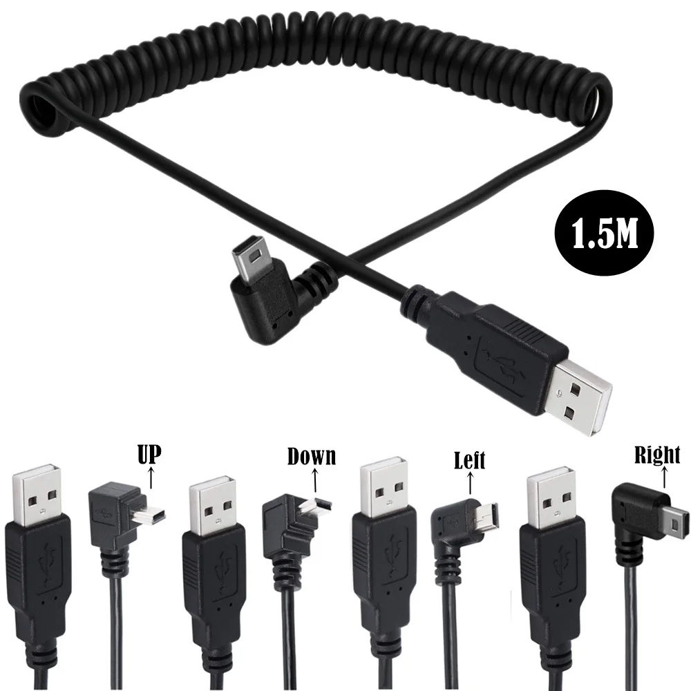 

Spiral Coiled Usb Mini Usb To Usb 2.0 5pin 5p 90° Angle Degree Male To Usb 2.0 A Male Plug Cable Spring Cord