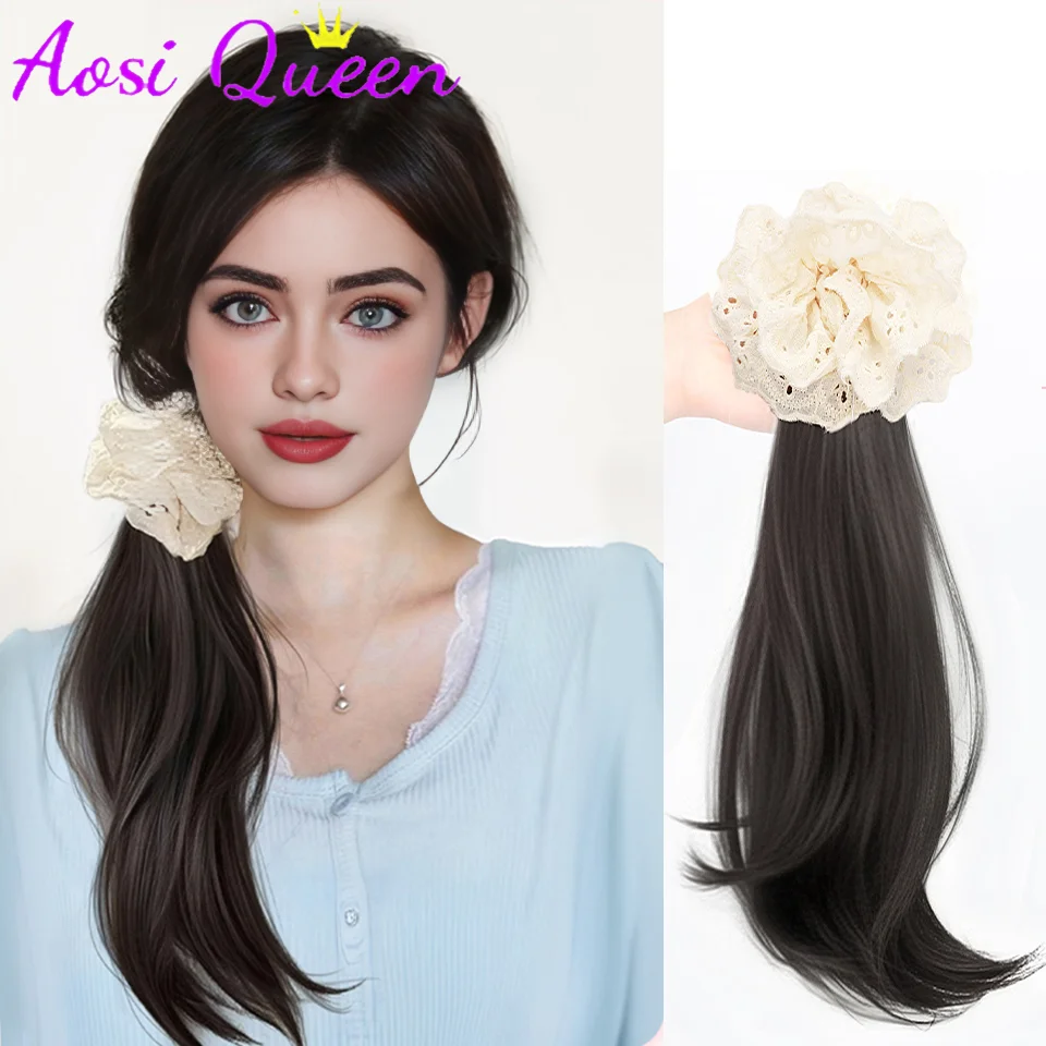 

AOSI Ponytail Wig For Women New Chinese Style Bow Half-tied Low Ponytail Side Slightly Curled Claw Clip Style Ponytail