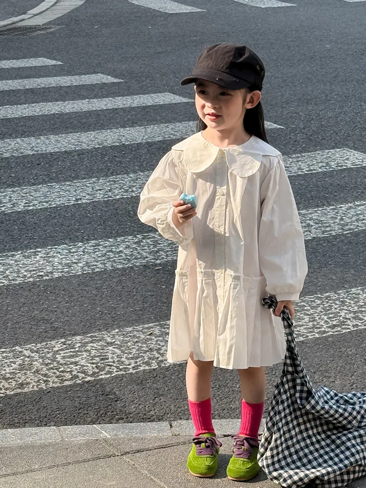 2025 Autumn New Girls Preppy Style Pleated Dress Solid Children Long Sleeve Dress Baby Girl Large Lapel Loose Dress Kids Clothes 12 S7202e09a531c42ed84f25751eb0947c83