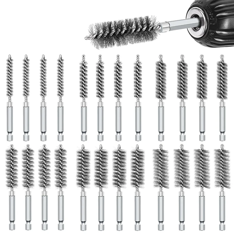 

24 PCS Wire Bore Brushes Set For Power Drill, Silver With 1/4 Inch Hex Shank For Tubes Pipe Cleaning(8/10/12/15/17/19MM)