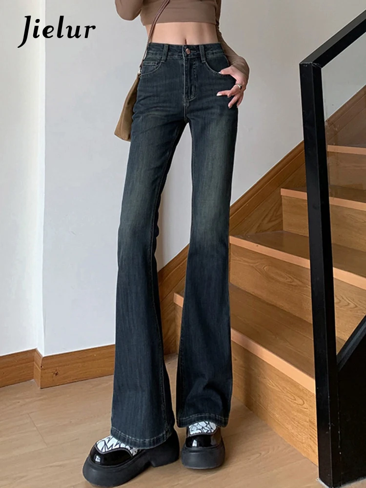 

Jielur Vintage High Waist Slim Fashion Women Jeans Casual Streetwear American Style Basic Chic Female Flare Pants Pockets Button