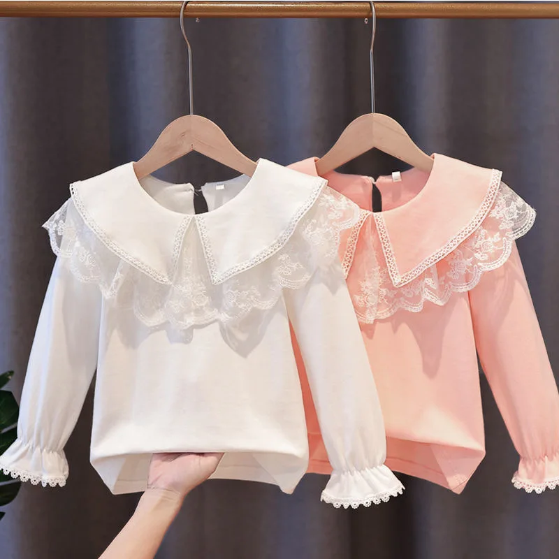 

Демисезонная рубашка с длинным рукавом для девочек, новая модная детская блузка в Корейском стиле с кружевными лацканами для девочек, детская одежда
