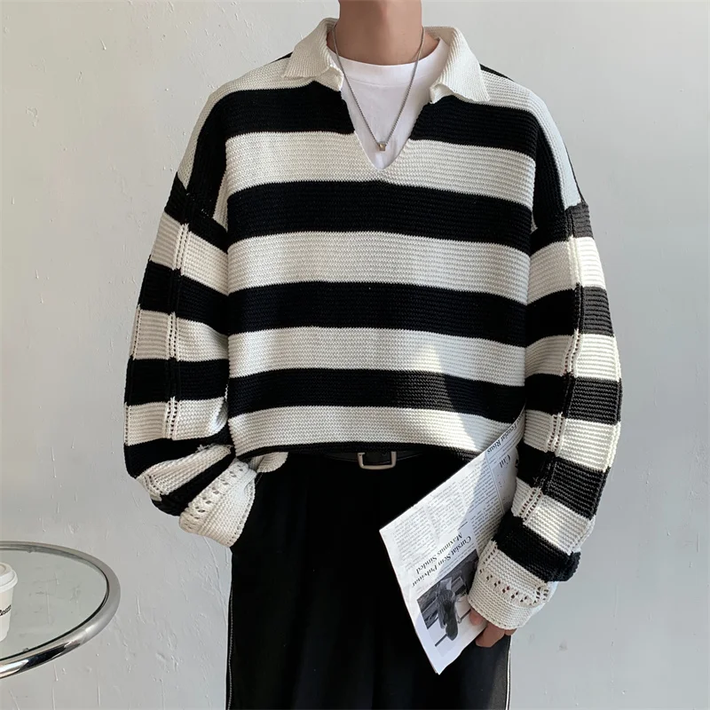 

Brand Autumn Winter New Arrivals Soft Knitwear Striped Turn-down Collar Cashmere Sweater Pullover Men Clothing B114