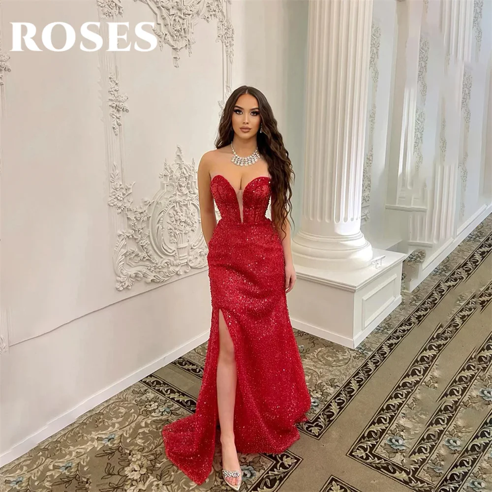 

ROSES Simple Red Party Dress Sweetheart Sequins Mermaid Prom Dress with Side Split Wrap Hips فستان سهرة نسائي Evening Dresses