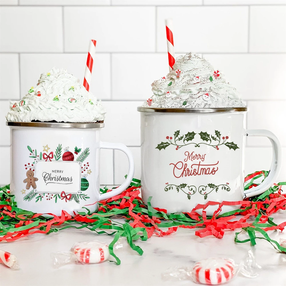 

Holly Bells Printing Mug Enamel Coffee Mugs Handle Drink Beer Juice cup merry christmas cups kitchen Party Decor new year gifts