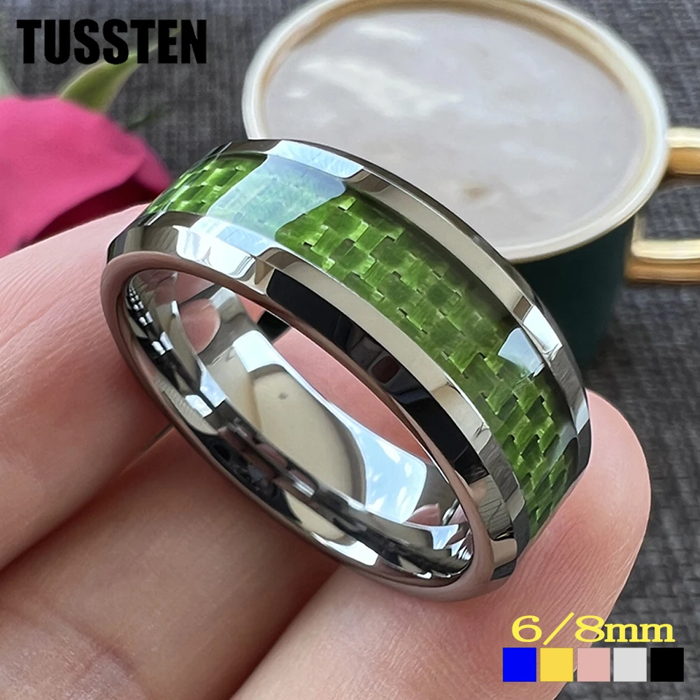 

TUSSTEN 6/8MM Classic Tungsten Wedding Band Ring For Men Women With Green Carbon Fiber Inlay Bevel Polish Comfort Fit