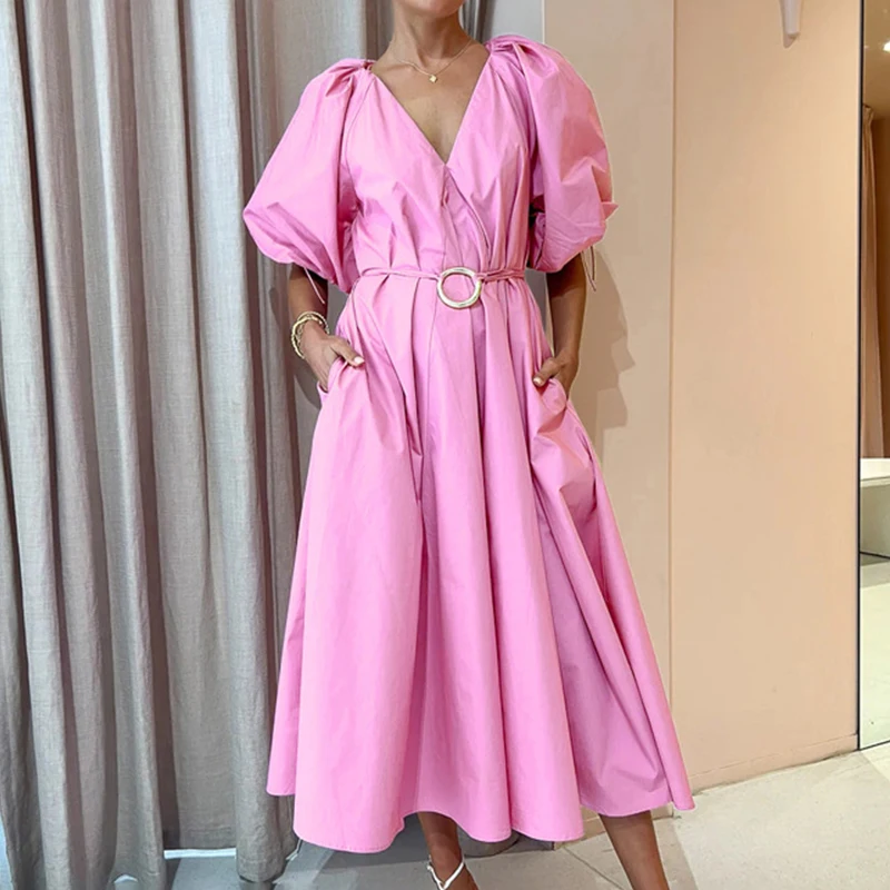 Модное Повседневное платье с V-образным вырезом, женское простое однотонное платье с рукавами-фонариками, элегантное праздничное Плиссированное длинное платье с карманами 
Модное Повседневное платье с V-образным вырезом, женское простое однотонное платье с рукавами-фонариками, элегантное праздничное Плиссированное длинное платье с карманами