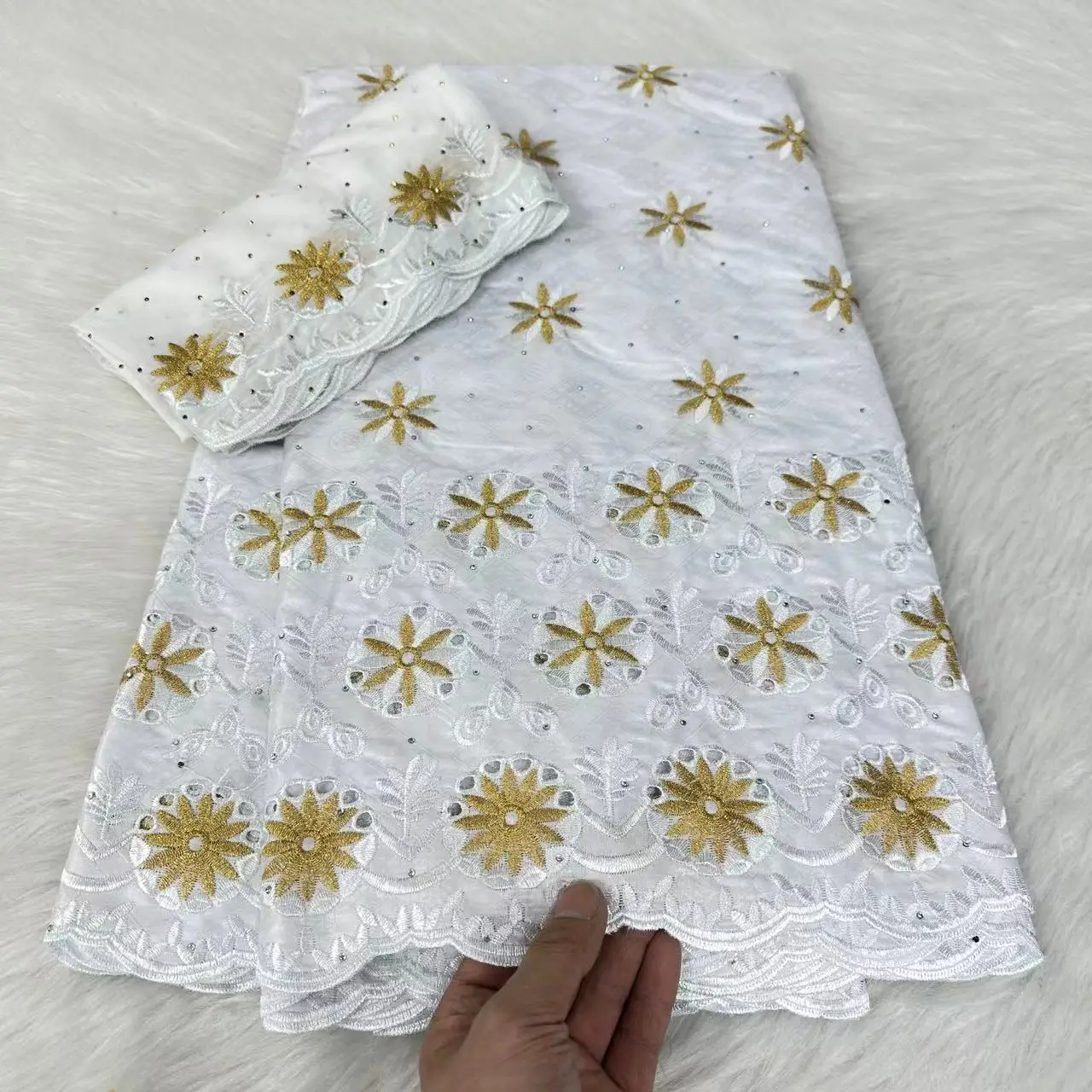 

White 100% Lafaya Cotton Swiss Lace Fabric 7Yards African Embroidered Fabric with Rhinestone Nigerian Dubai Style Sewing Cloth