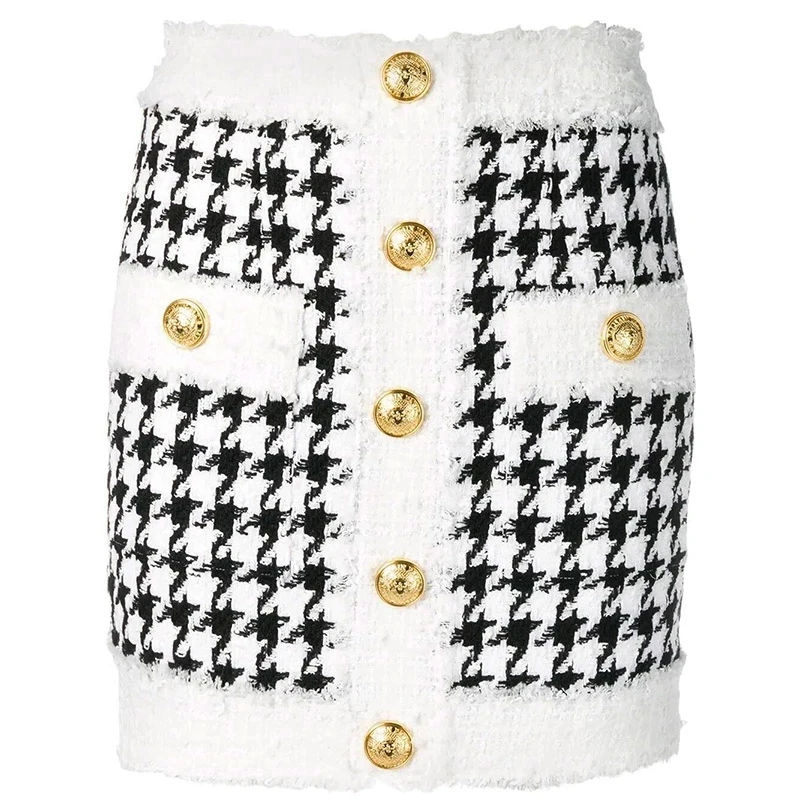 

HIGH QUALITY Newest 2023 Fall Winter Baroque Designer Women's Fringed Lion Buttons Houndstooth Tweed Mini Skirt