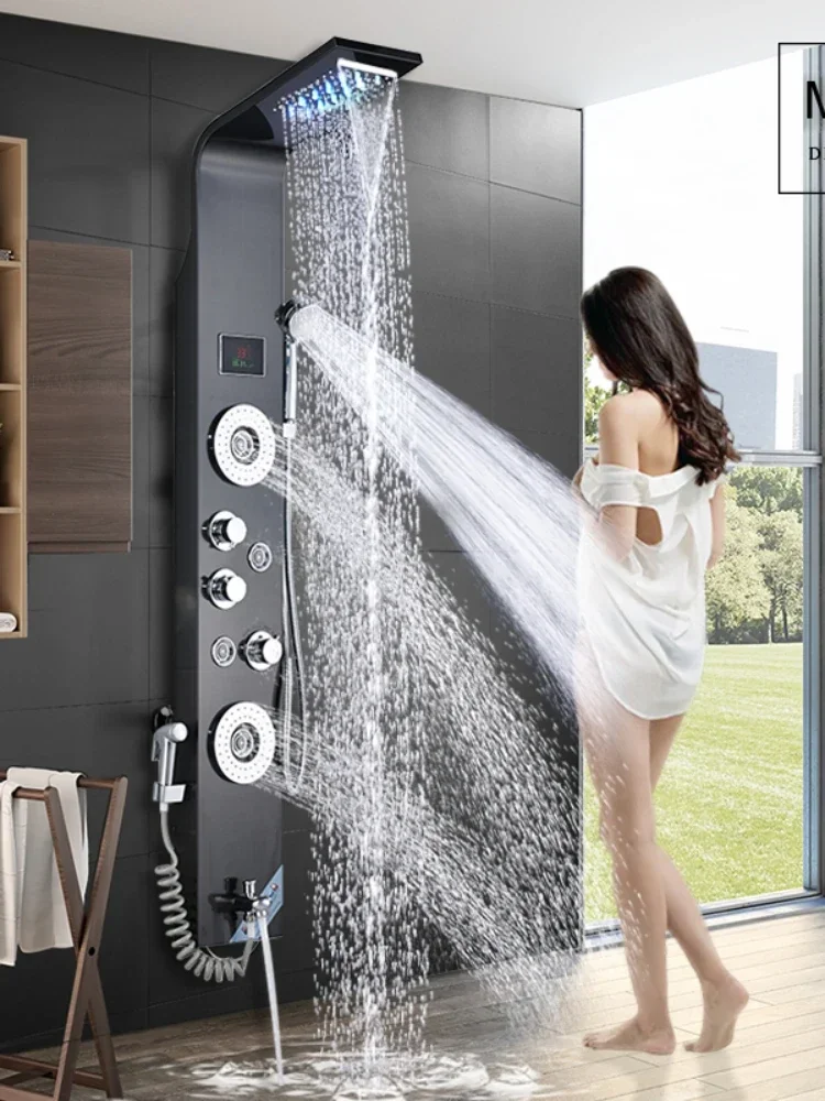 

Black LED Light Shower Faucet Bathroom SPA Massage Jet Shower Column System Waterfall Rain Shower Panel Bidet Sprayer Tap