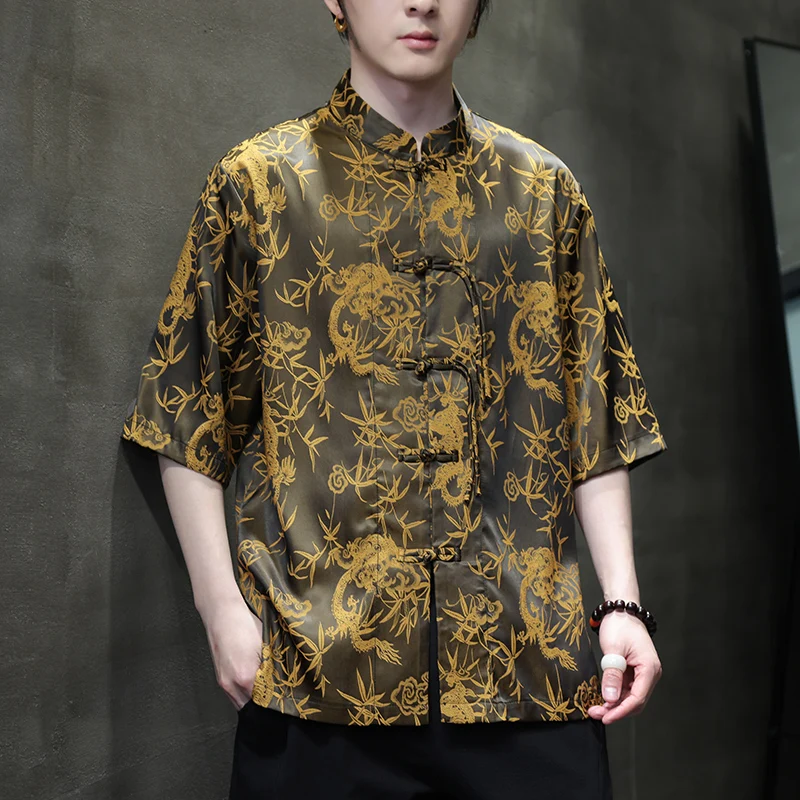 

Summer Ice Silk Short Sleeve Chinese Style Men's Tang Dress Shirt Traditional Hanfu Shirt Mens Jacquard Tray Button Loose Shirt