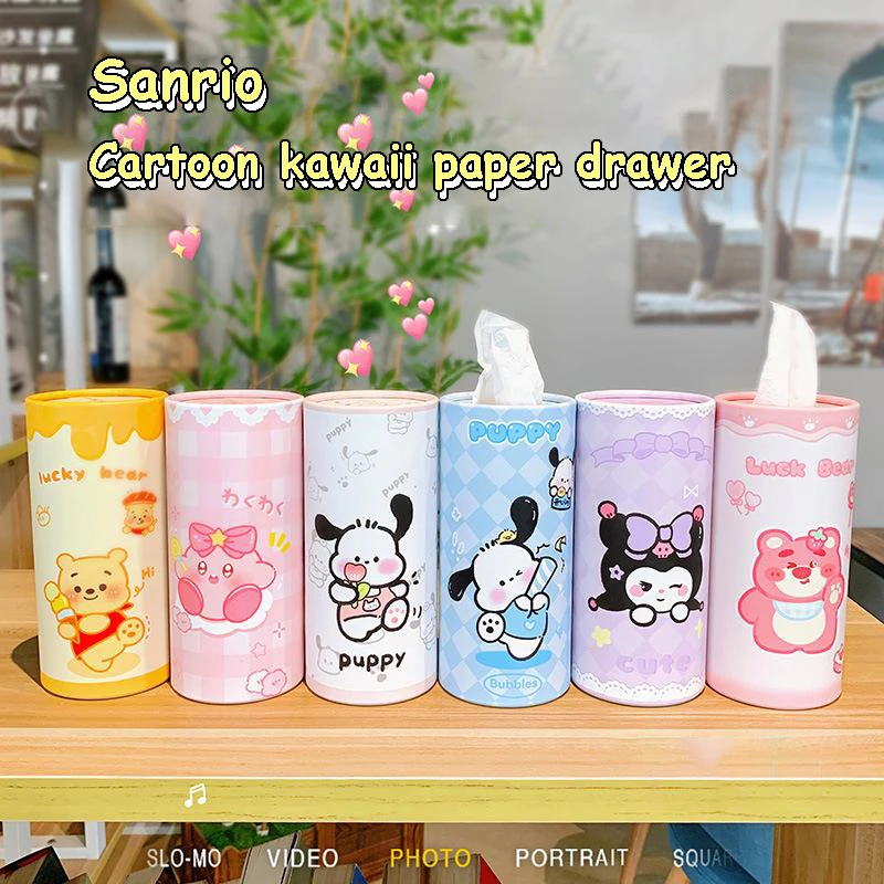 

Sanrio Cartoon Kawaii Creative Car Tissue Box Kuromi Pachacco Portable Paper Drawer Car Interior Decoration Circular Tissue Tube