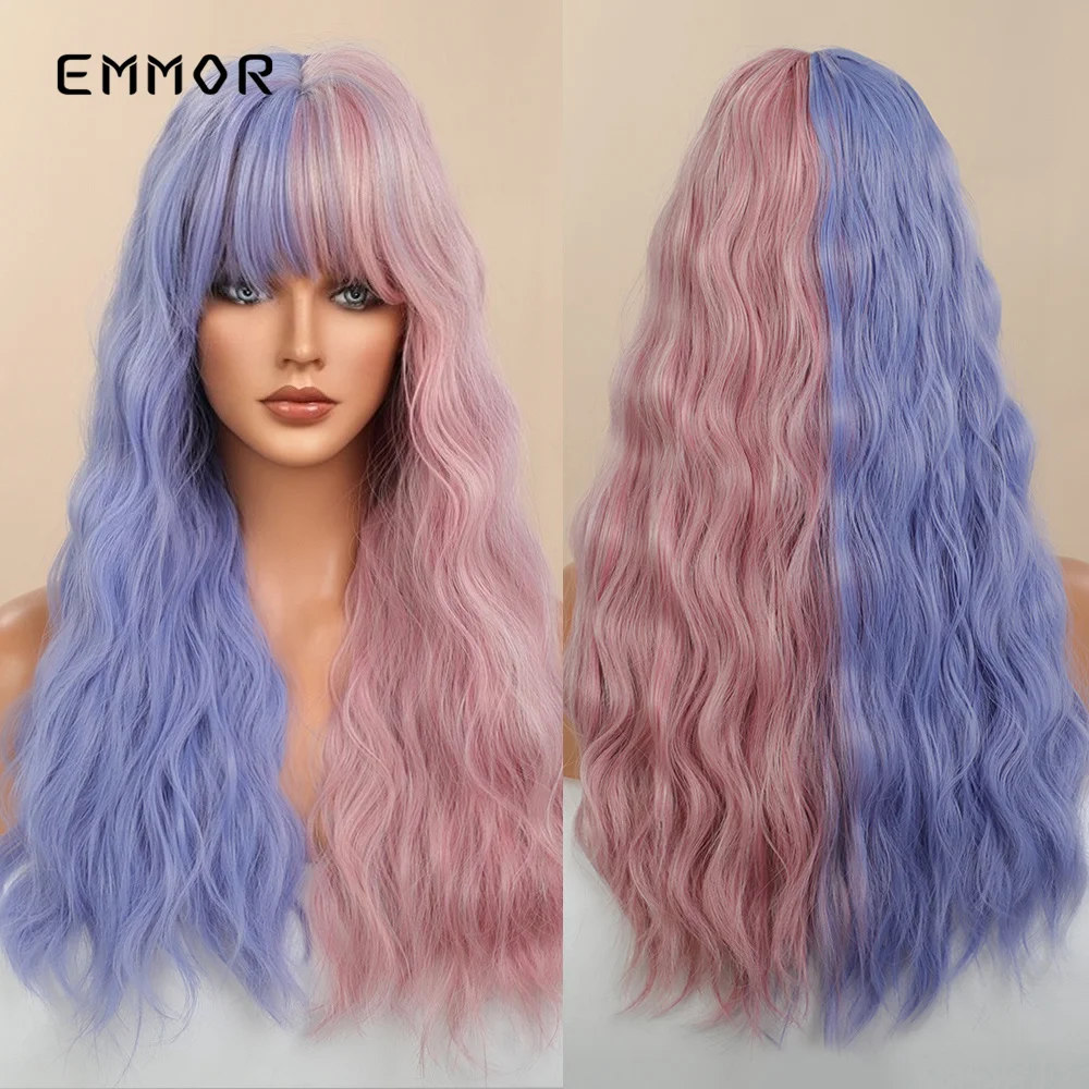 

Purple Pink Long Wavy Synthetic Wig with Bangs Cosplay Christmas Halloween Hair Two Tone Ombre Wig For Women Heat Resistant