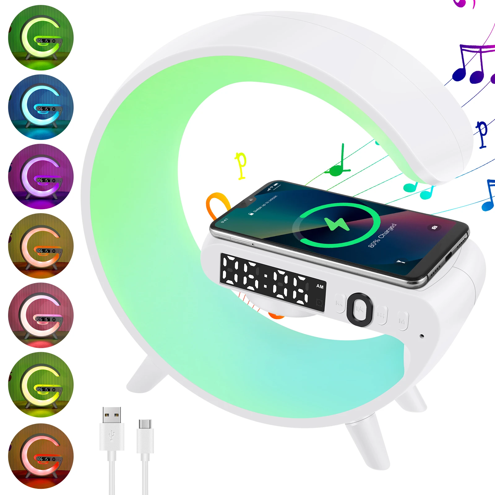 

New Wireless Speaker Charger Clock Light with Display Colorful Bluetooth Speaker Ambient Light Multifunctional Bedside Lamp