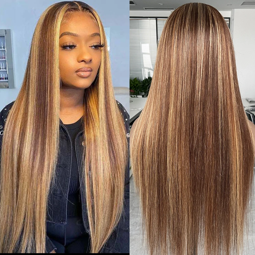 

Glueless 4x4 Lace Front Wig Highlight Brown Honey Blonde Remy Human Hair Wigs Transparent Pre-Plucked Lace Long Straight Bobbi